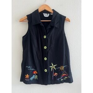 Copa Cabana Linen Blend Embroidered Button Up Top Small Boho Artsy Summer